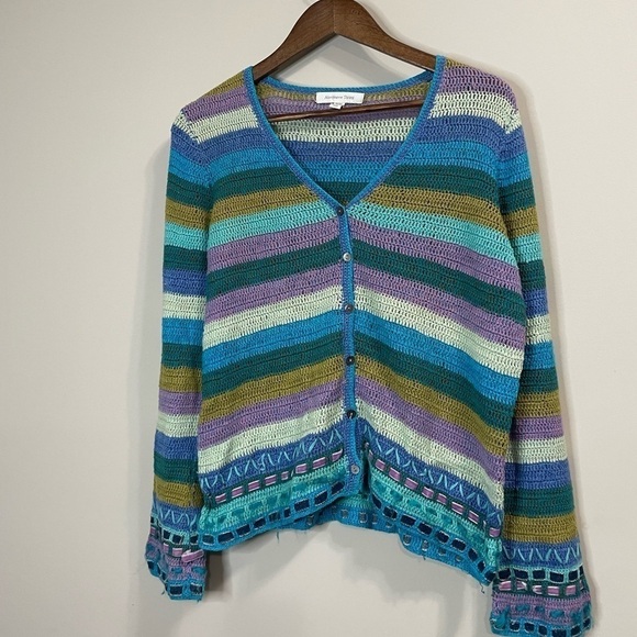 Northern Isles crochet knit cardi sweater striped Blue Medium - Picture 3 of 9